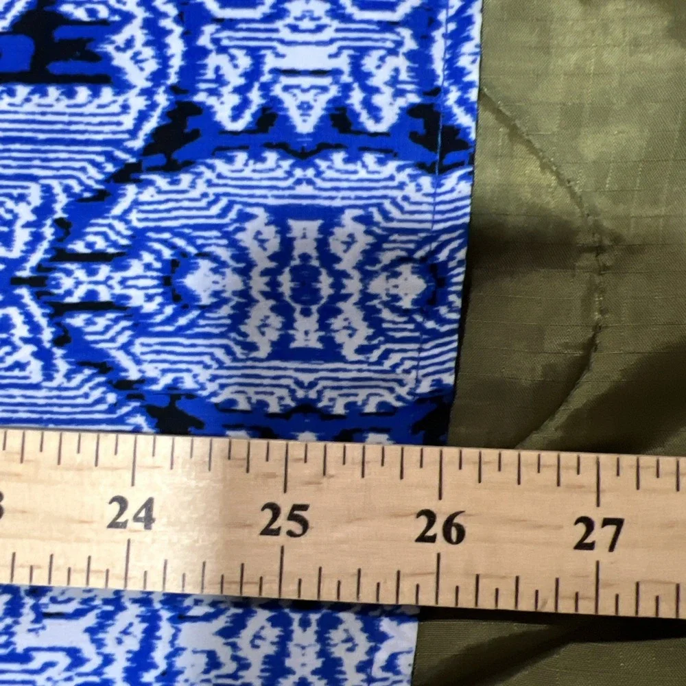 Dana Buchman XL Peasant Blouse Blue White Ikat Medallion Smocked Split Neck Top